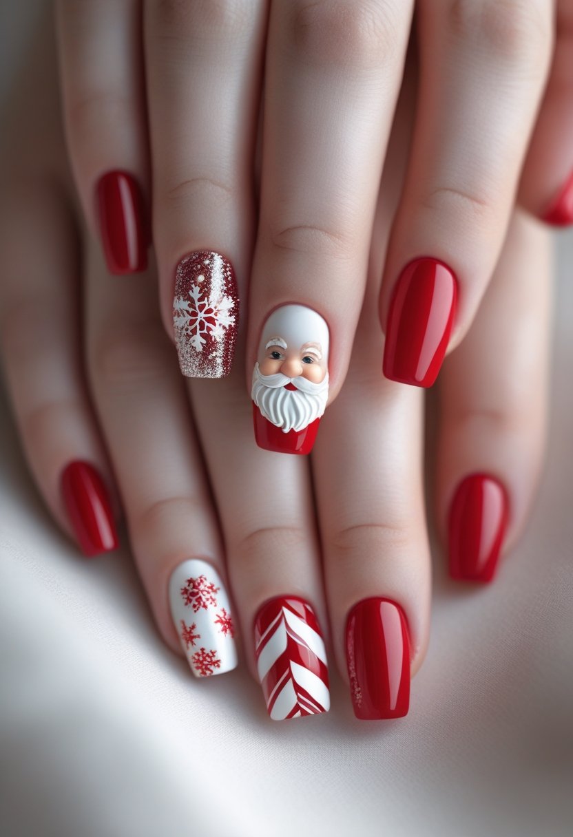 Close-up of hands with red and white holiday-themed nail art featuring Santa Claus, snowflakes, and candy cane designs.