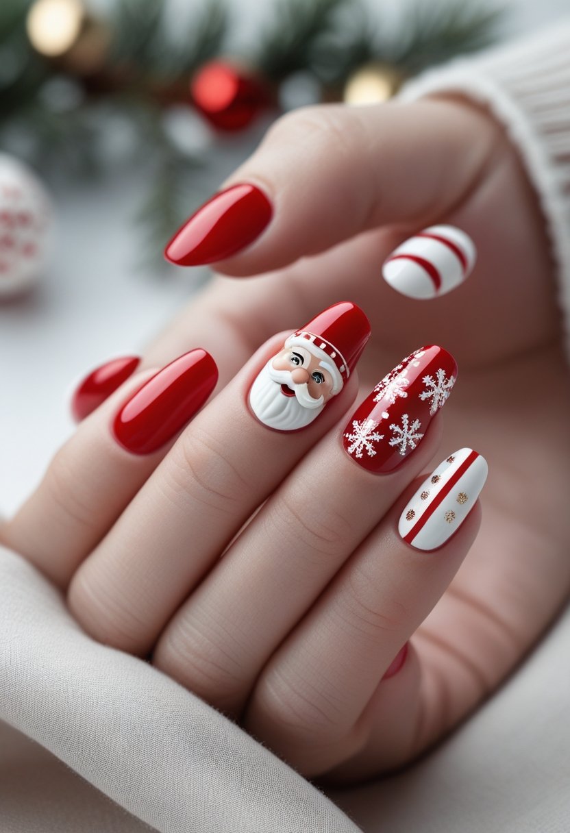Close-up of hands with red and white holiday-themed nails featuring Santa Claus, snowflakes, and candy cane designs.