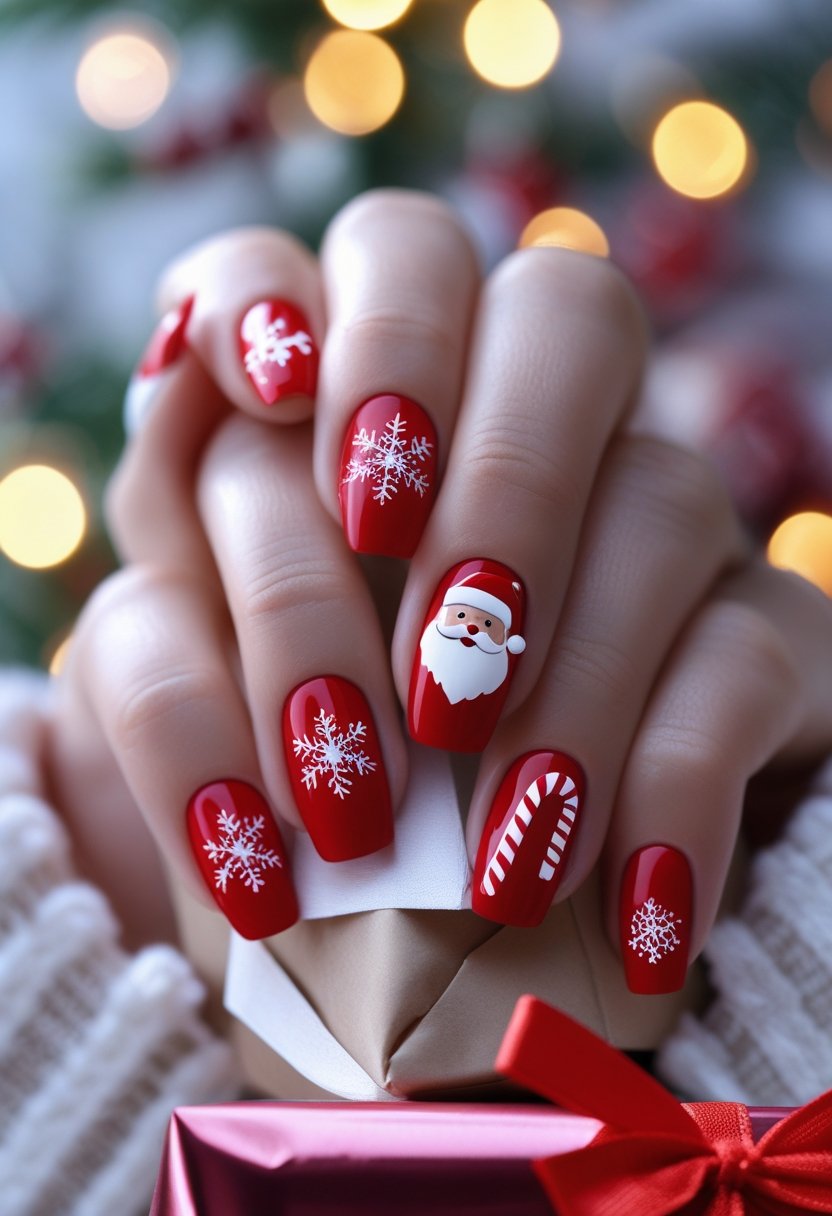 Close-up of hands with red and white Christmas-themed nail art holding a small wrapped gift.