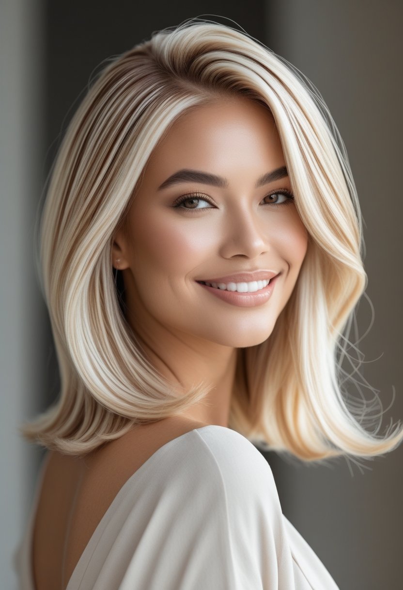 Close-up of a woman with blonde highlighted hair smiling softly against a blurred neutral background.