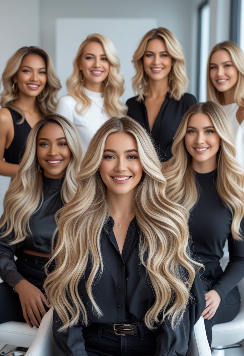 A group of women with blonde highlighted hair smiling in a bright salon.