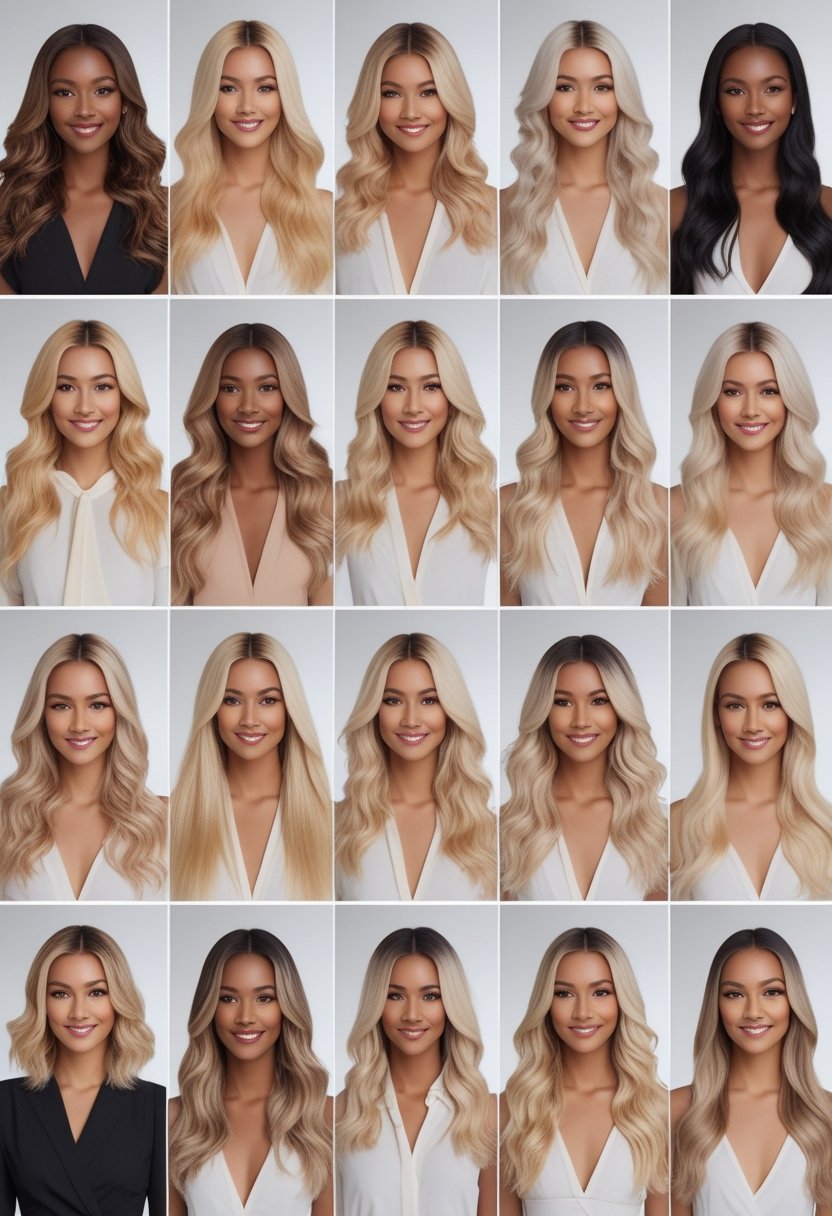 A group of women with various blonde highlight hairstyles posing together in a bright studio.