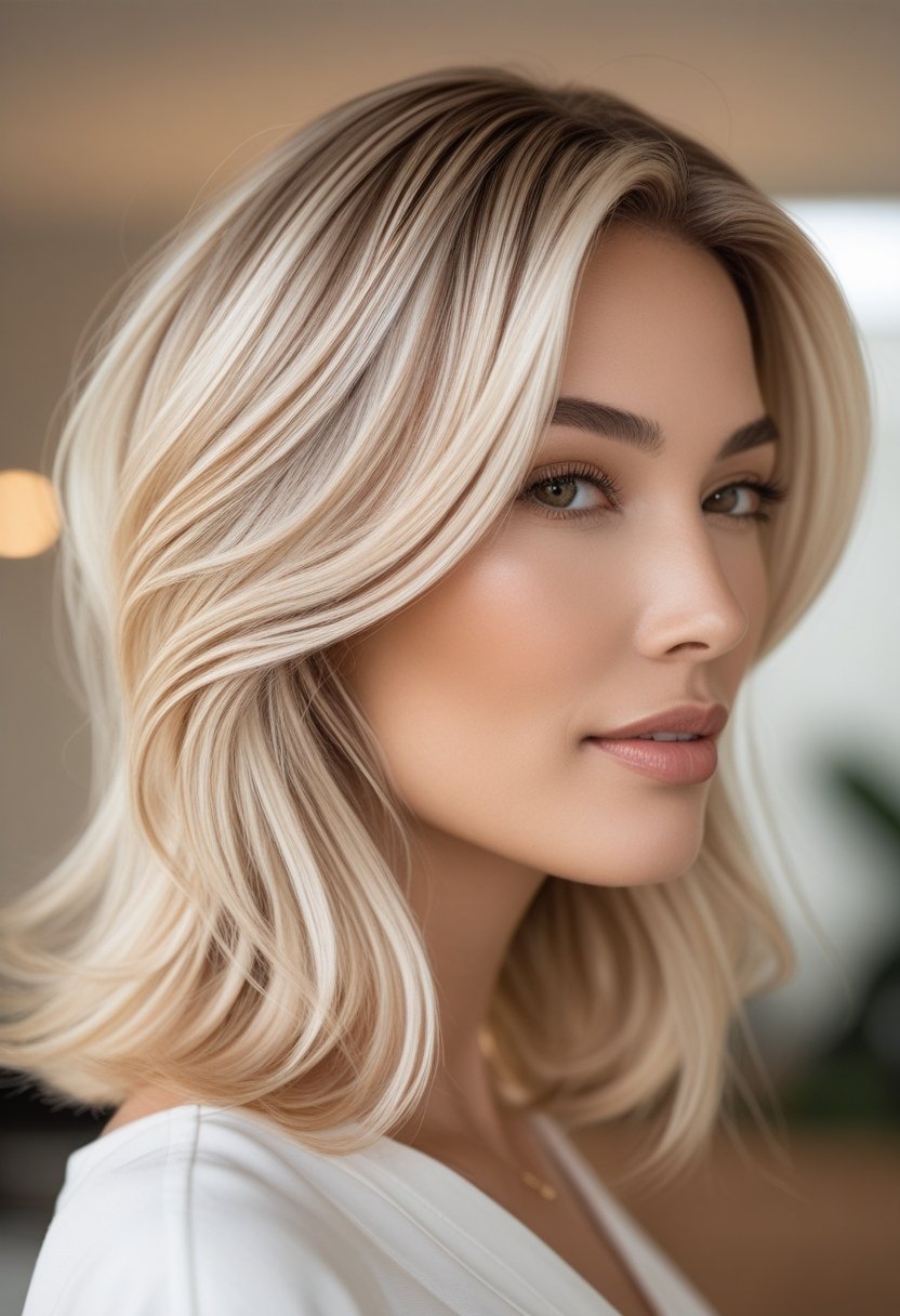 Close-up of a woman with wavy blonde hair featuring multiple shades of highlights, looking confidently off-camera against a soft blurred background.