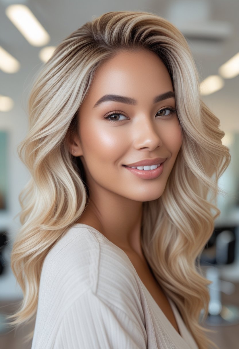 A young woman with blonde highlighted hair and natural skin tone smiling in a bright salon.