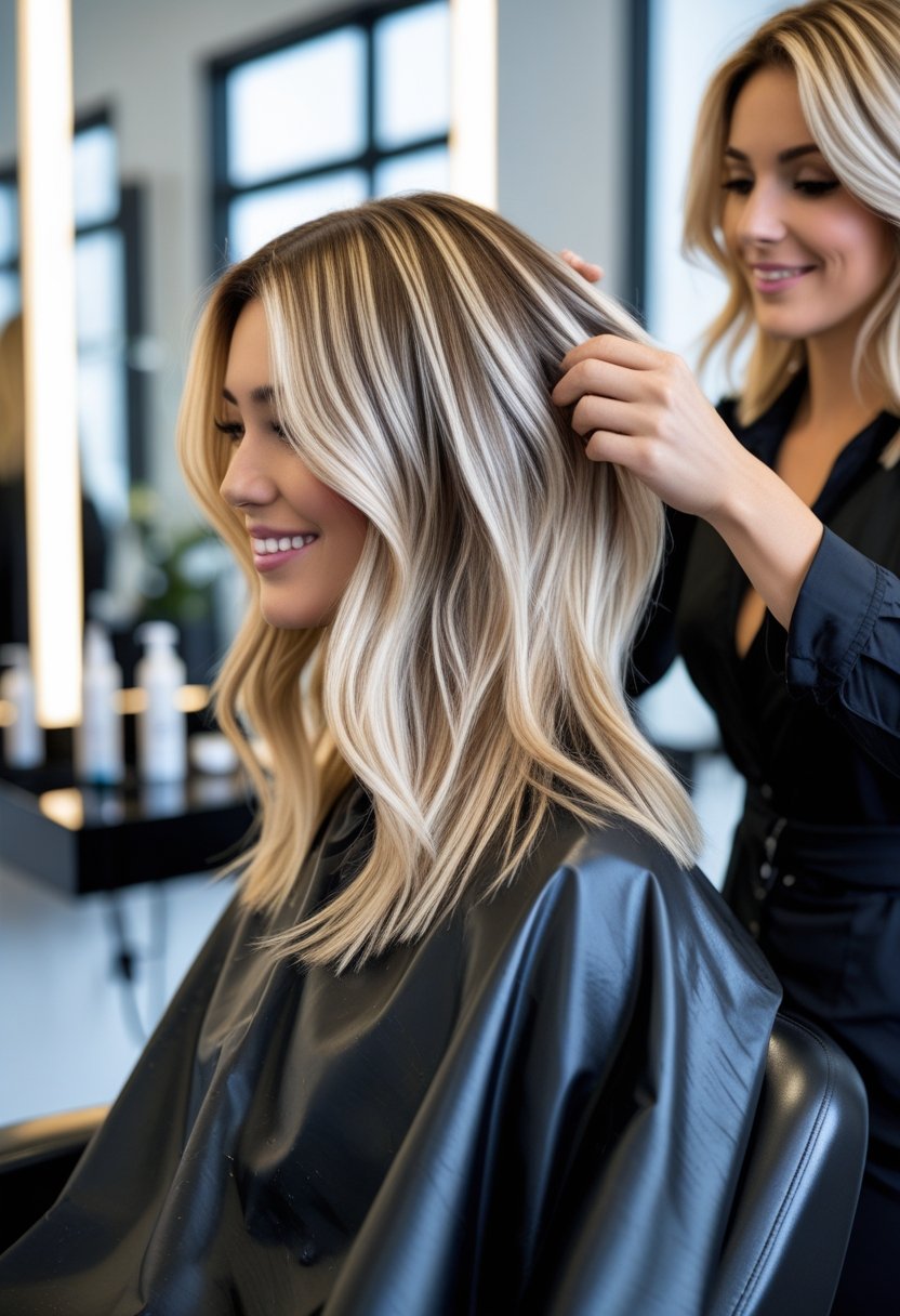A woman with blonde highlighted hair sitting in a salon chair while a hairstylist adjusts her hair.