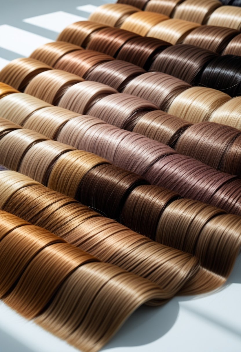 A detailed display of numerous hair color swatches ranging from honey beige and smokey beige to bright car shades arranged in rows.