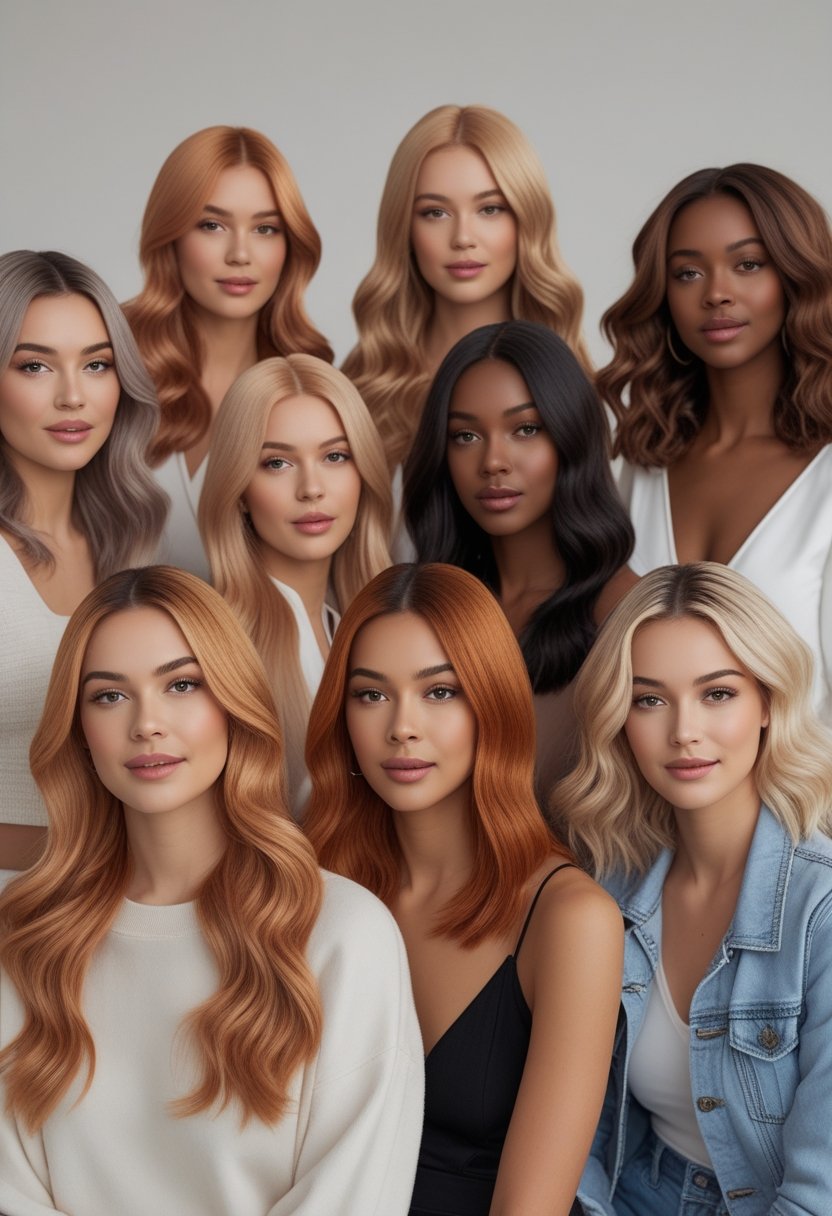 A group of women with different hairstyles and hair colors including honey beige, smokey beige, and bright caramel, posing in a studio setting.