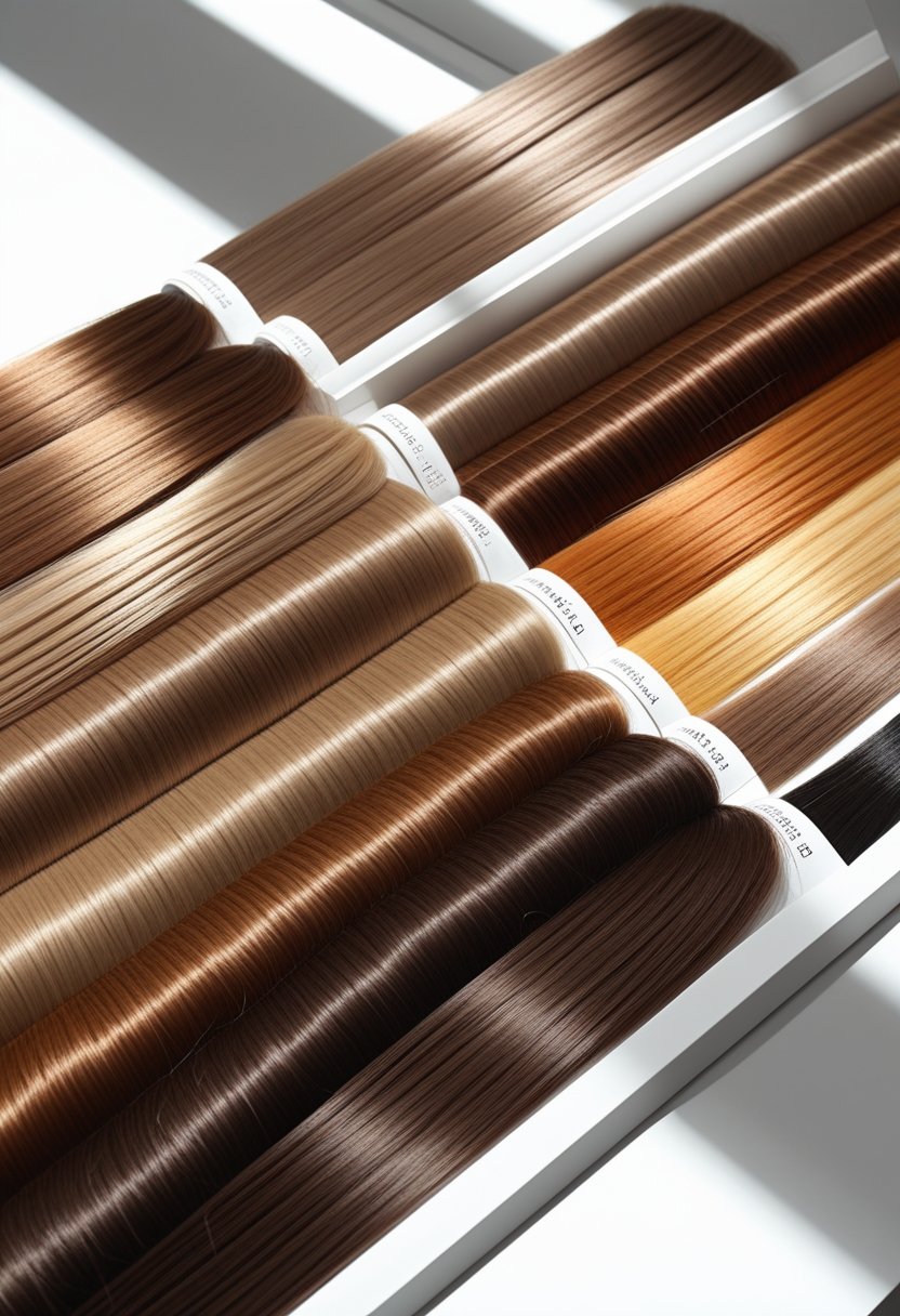 A hair color chart showing various hair swatches in shades ranging from honey beige and smokey beige to bright caramel.