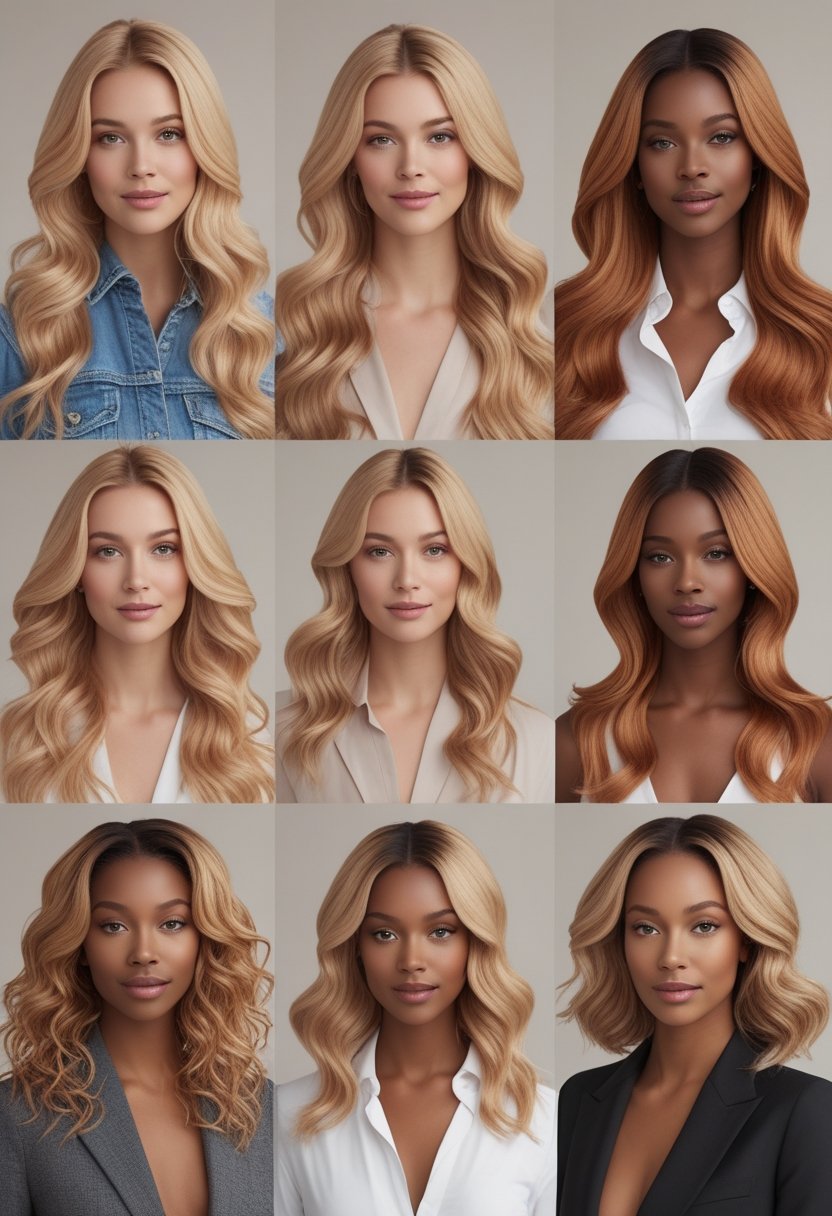 A group of women with various natural blonde hair colors including honey beige, smokey beige, and bright caramel, posing together in a studio.