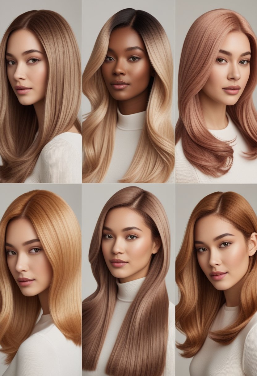 A group of women with different hair colors including honey beige, smokey beige, and bright caramel, posing in a studio with a neutral background.
