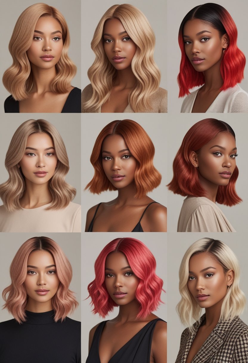 Several women with different hair colors and hairstyles standing together against a simple background.