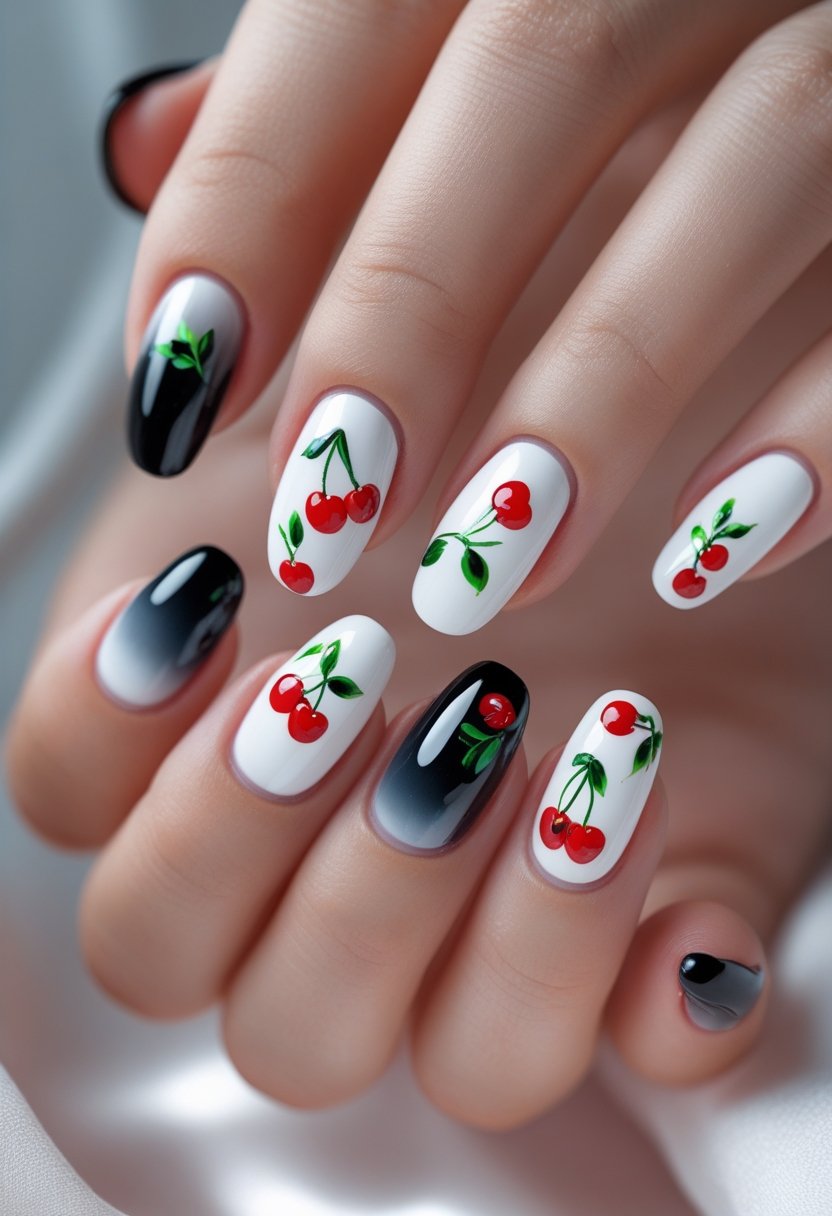 Close-up of hands with black and white ombre nails decorated with small red cherries and green leaves.