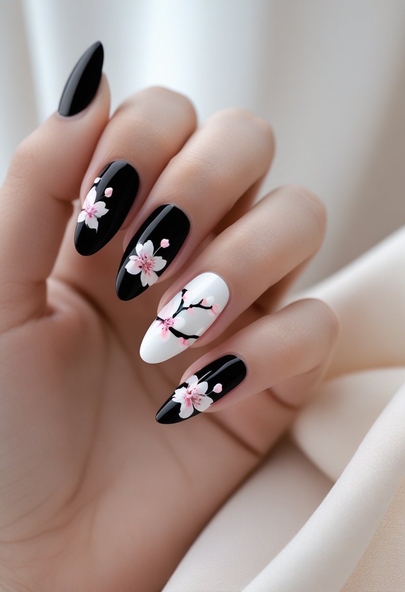 Close-up of a hand with black and white ombre nails decorated with cherry blossom designs.