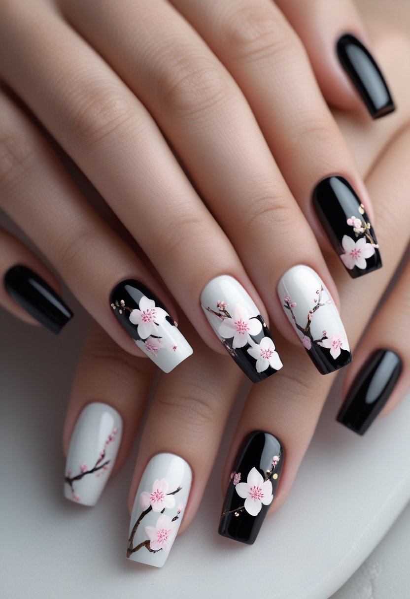 Close-up of hands with black and white ombre nails decorated with delicate cherry blossom designs.
