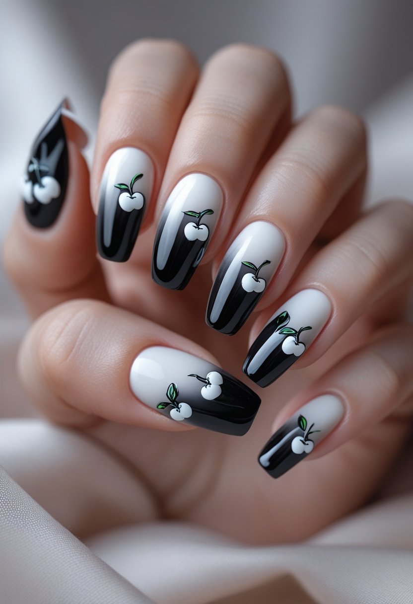 Close-up of a hand with black and white ombre nails decorated with small cherry designs.