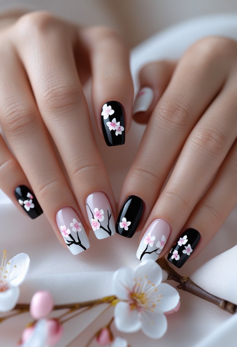 Close-up of hands with black and white ombre nails decorated with delicate cherry blossom designs.