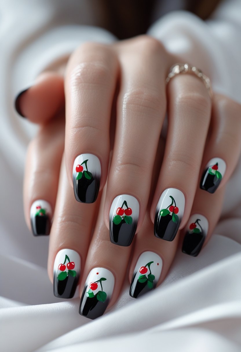 Close-up of a woman's hands with black and white ombre nails decorated with small red cherry designs.
