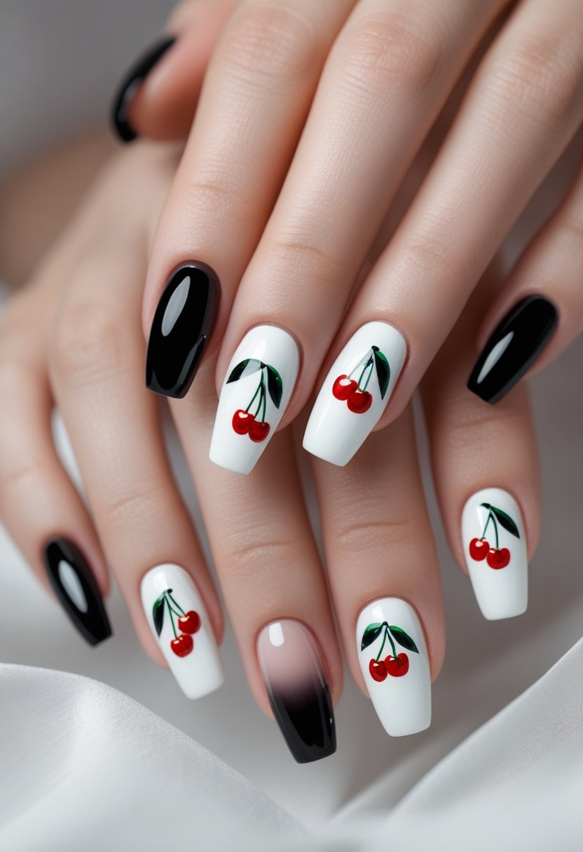 Close-up of hands with black and white ombre nails decorated with small hand-painted cherry designs.