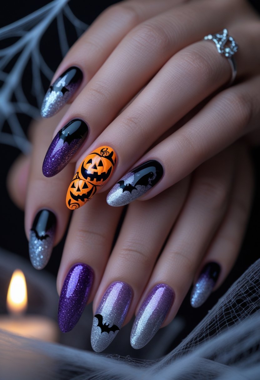 Close-up of hands with Halloween-themed nail art featuring pumpkins, bats, and glittery ombre designs.