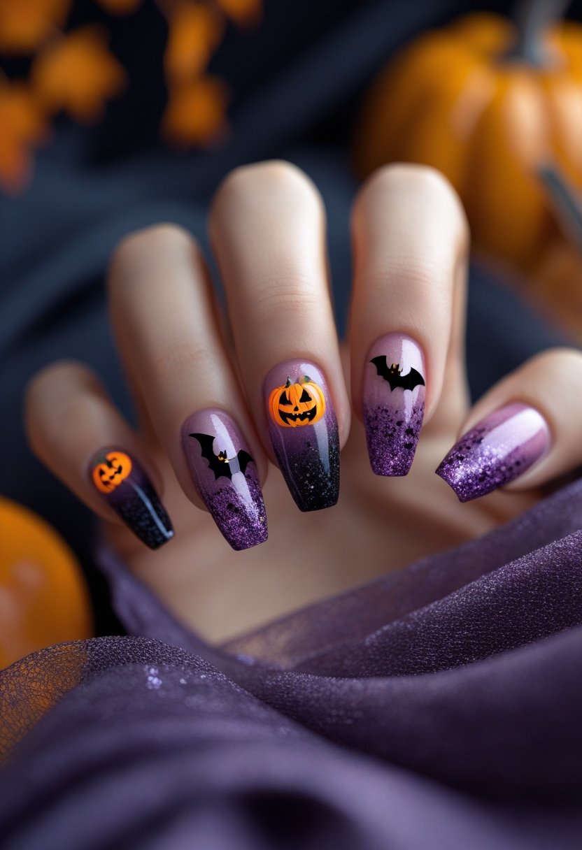 Close-up of hands with Halloween-themed nail art featuring pumpkins, bats, and glittery ombre colors.