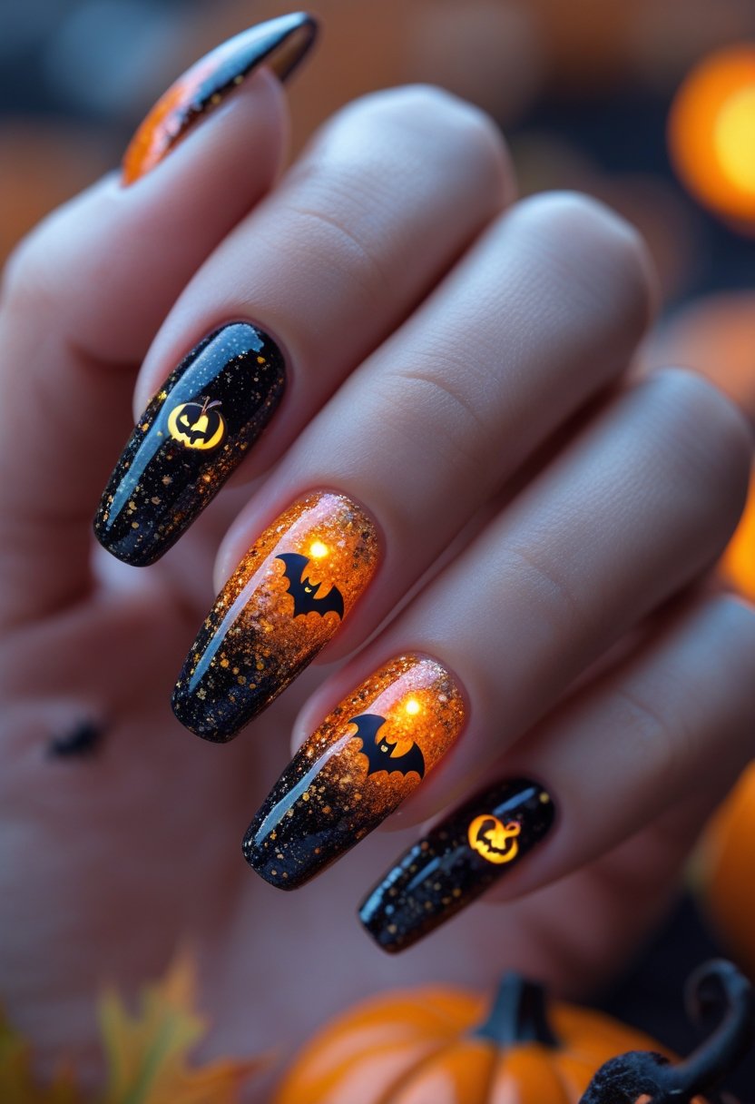 Close-up of a hand with Halloween-themed nail art featuring pumpkins, bats, and glitter ombre designs.