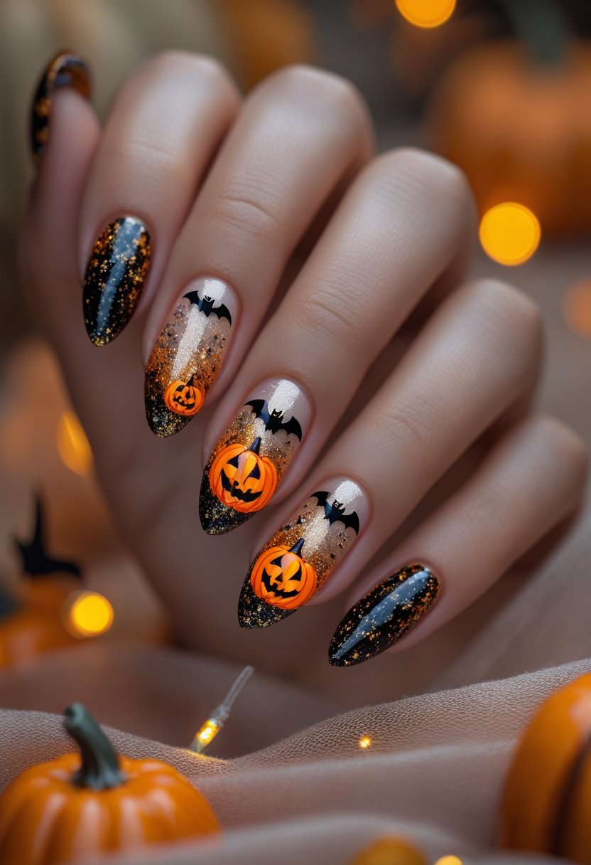 Close-up of hands with Halloween-themed nail art featuring pumpkins, bats, and glitter ombre on the nails.