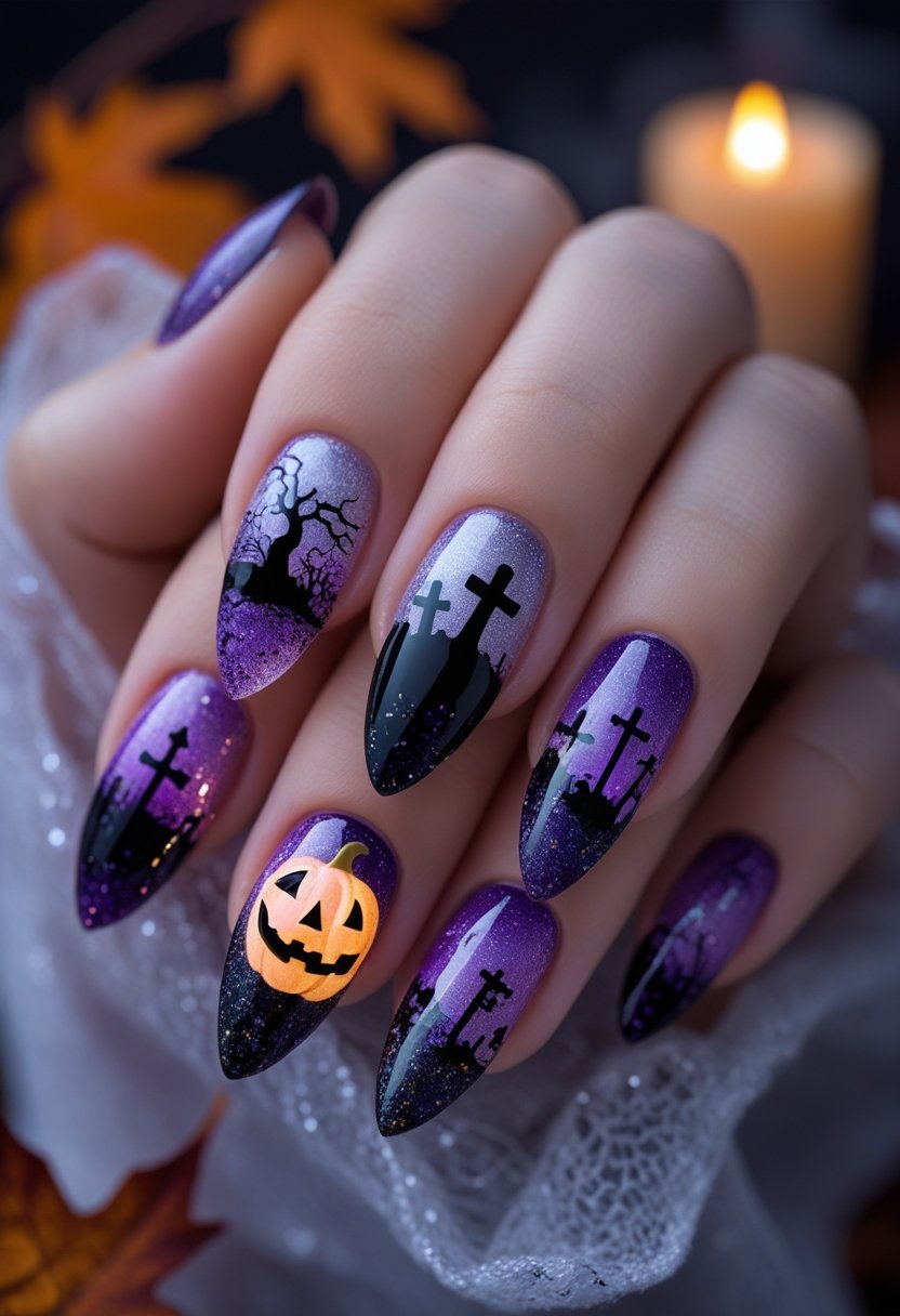 Close-up of hands with Halloween-themed nail art featuring bats, graveyards, pumpkins, and glittery ombre designs.