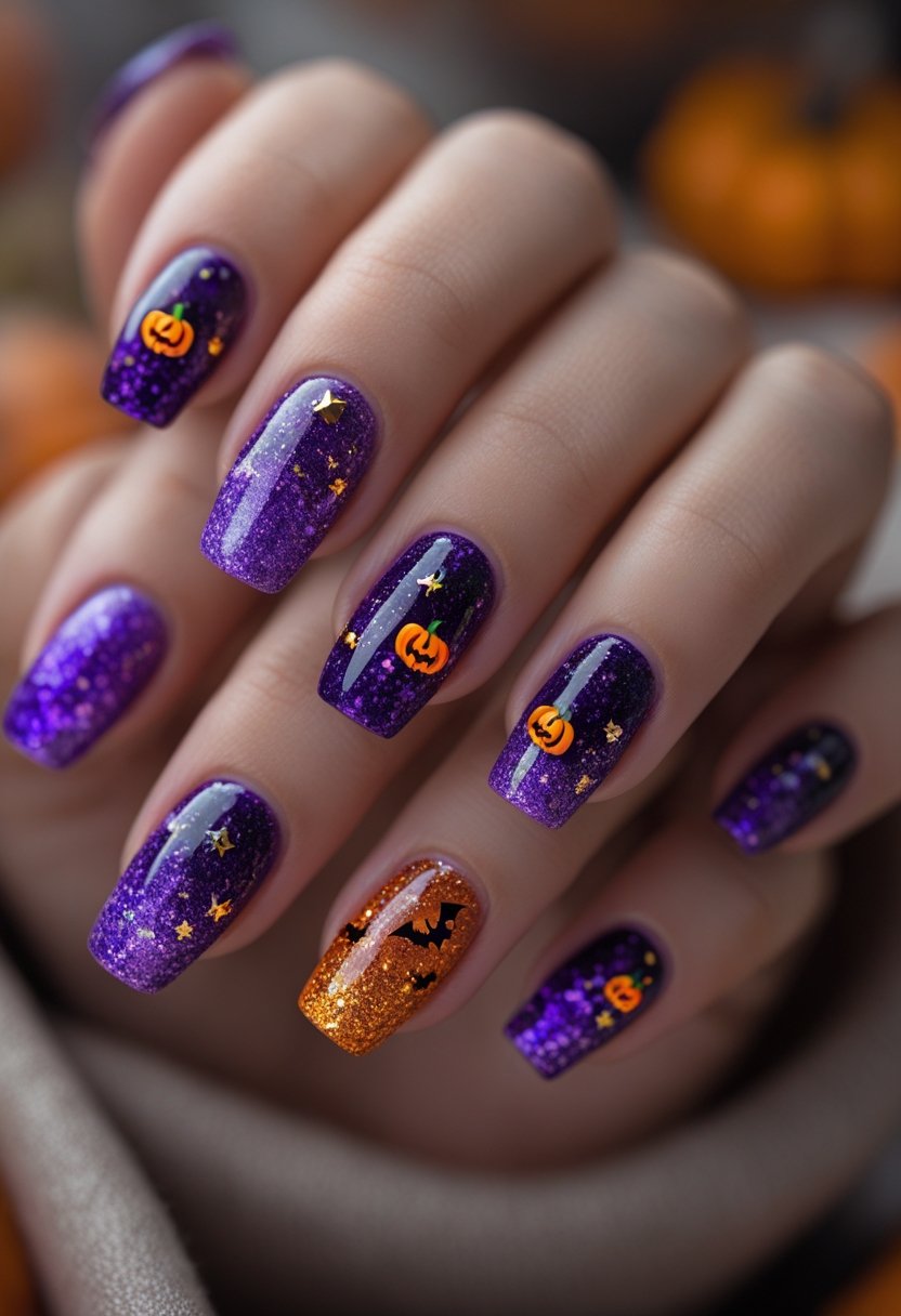 Close-up of hands with Halloween-themed nails featuring glitter ombre and designs of pumpkins and bats.