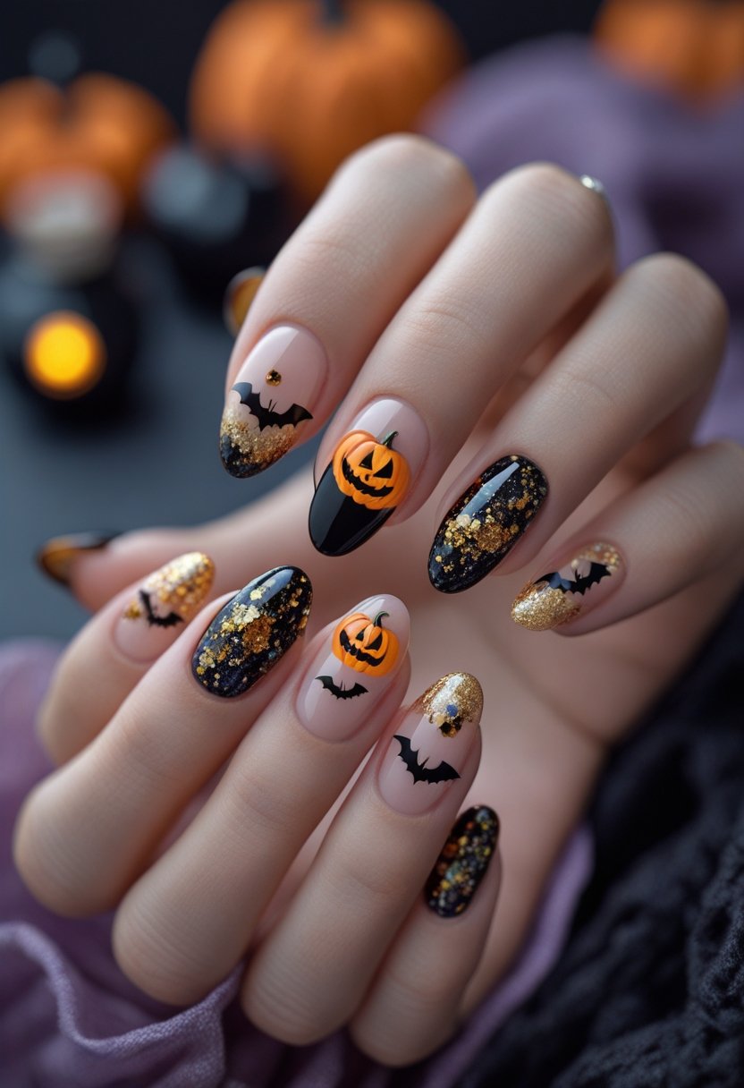 Close-up of hands with Halloween-themed nail art featuring pumpkins, bats, and glitter ombre designs.