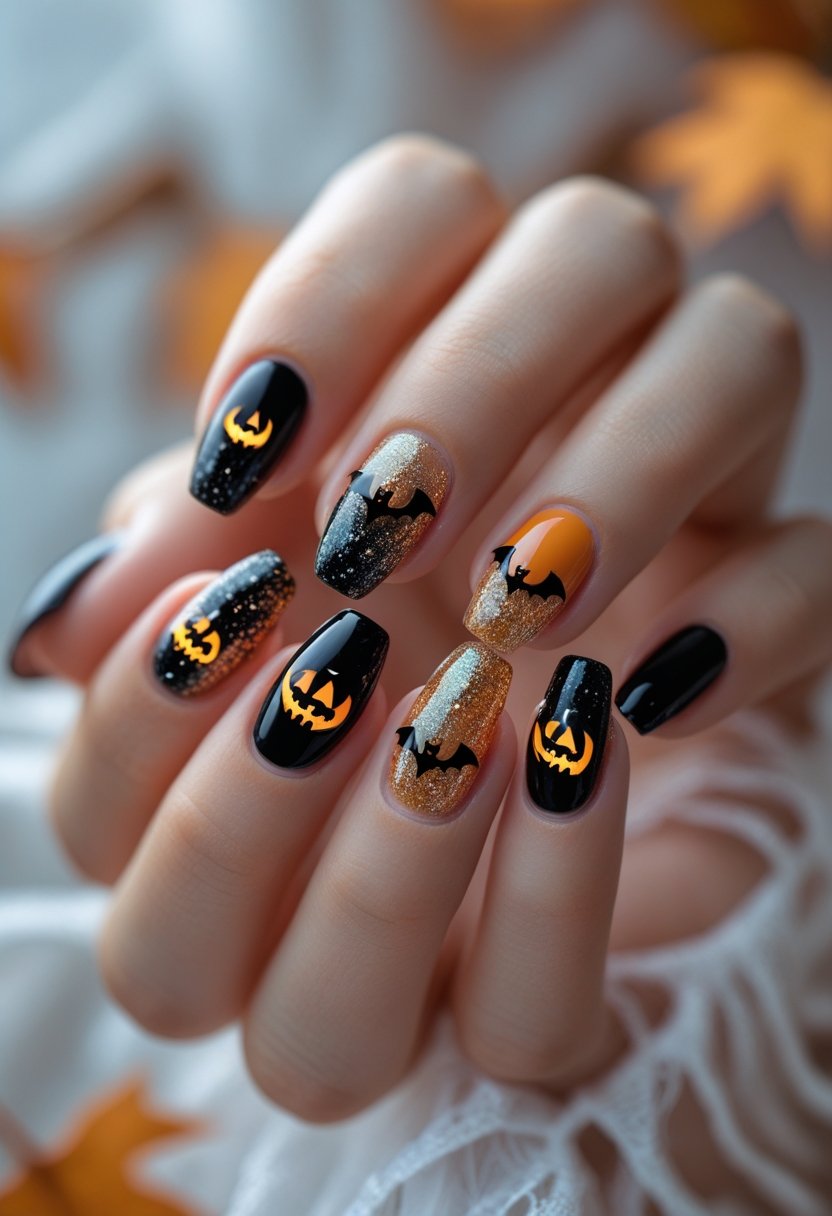 Close-up of hands displaying Halloween-themed nail art with pumpkin, bat, and glitter designs.