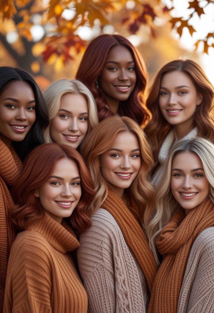 A group of women outdoors in autumn, showing different fall hair colors and wearing cozy fall clothing surrounded by colorful fall leaves.