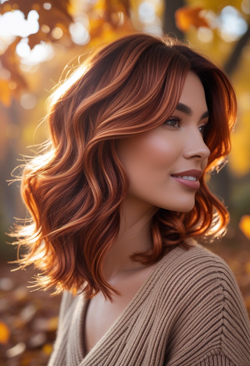 Close-up of a woman with warm-toned fall hair colors standing outdoors among golden autumn leaves.