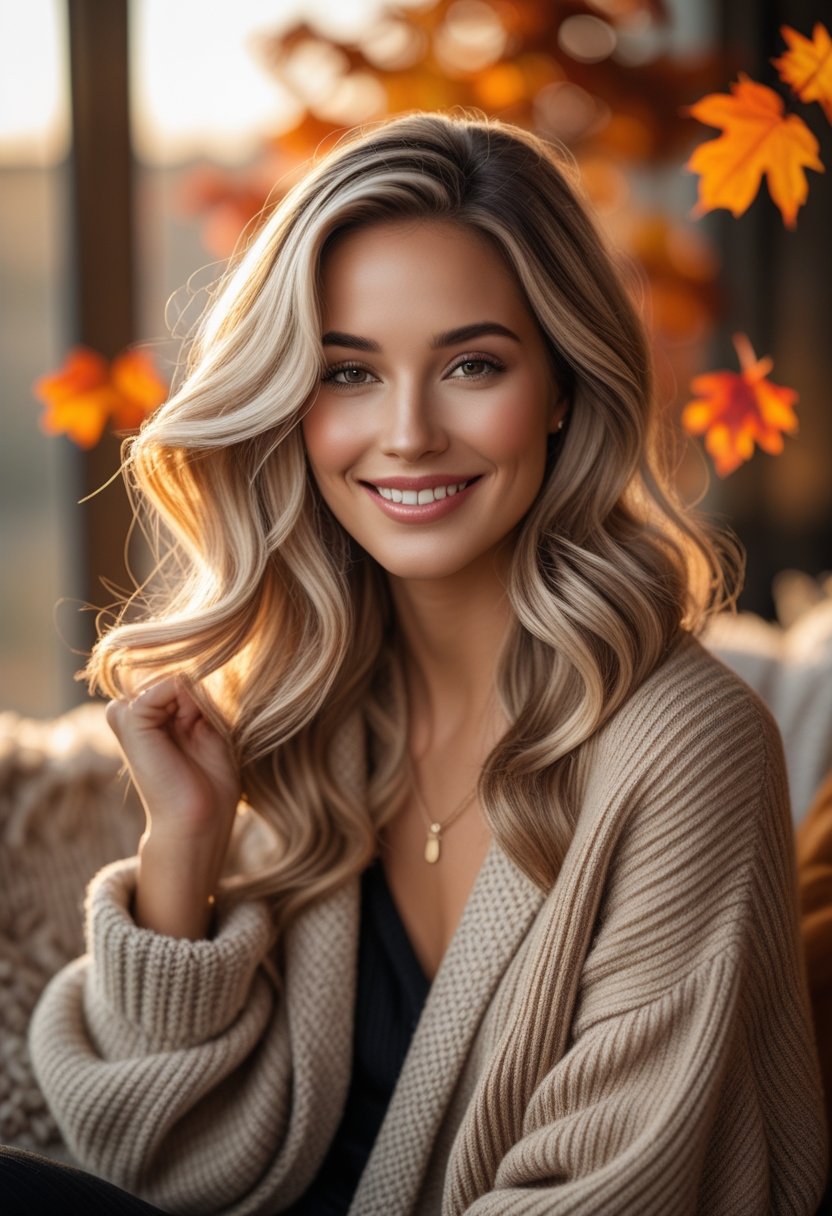 A smiling woman with blonde and bronde wavy hair in a cozy autumn setting with fall leaves in the background.