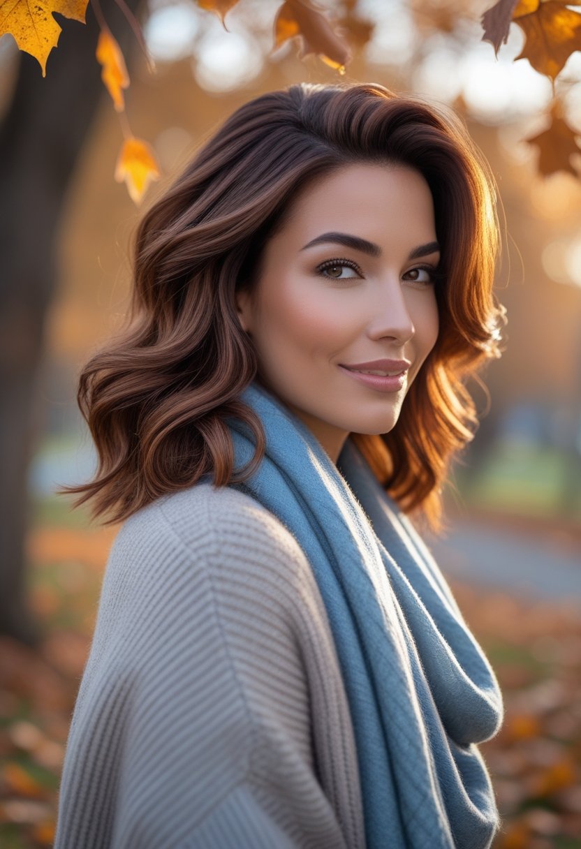 A woman with multi-dimensional brunette hair standing outdoors surrounded by falling autumn leaves.