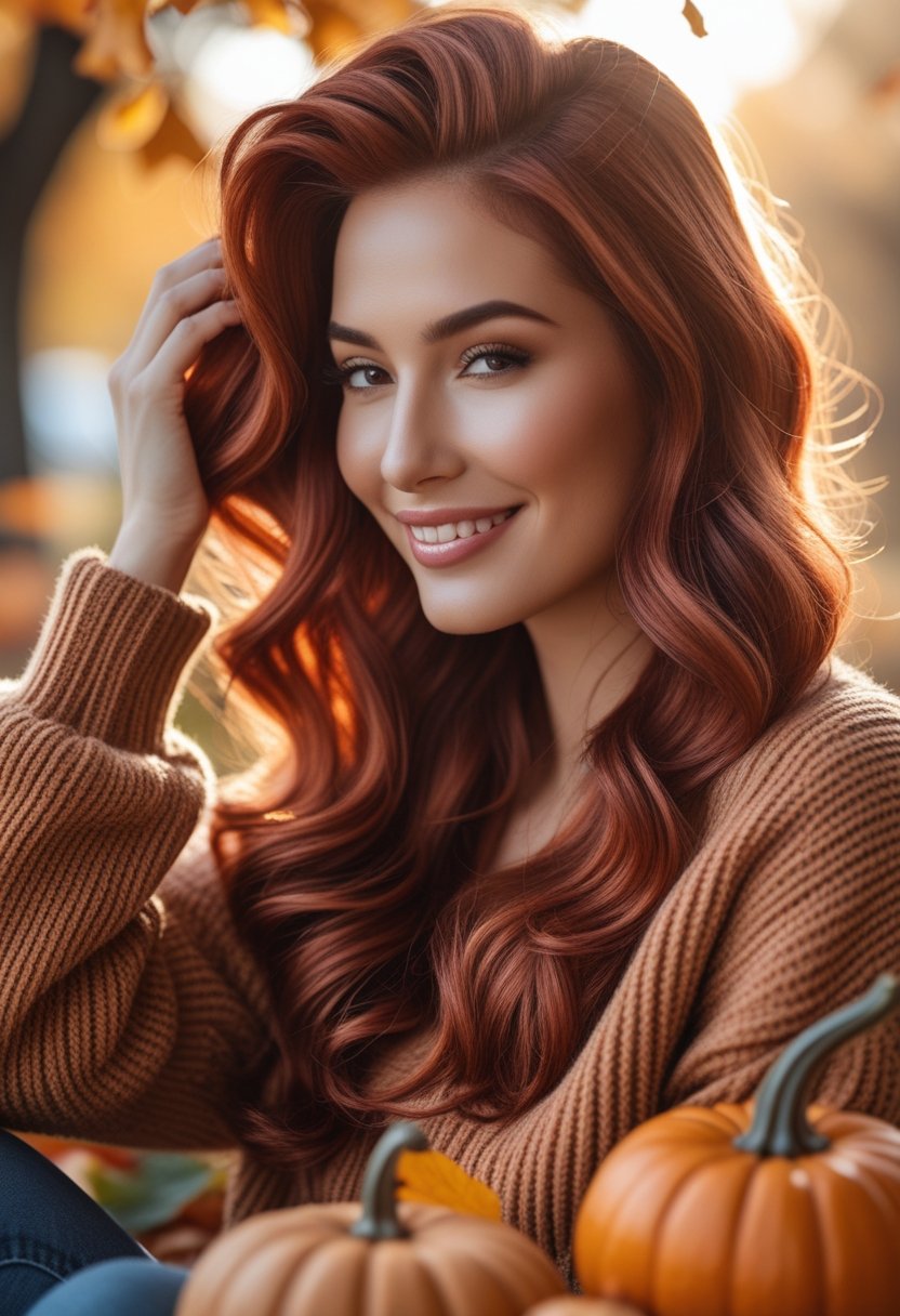 A woman with warm fall-colored hair wearing a cozy sweater, smiling gently with autumn leaves and sunlight in the background.
