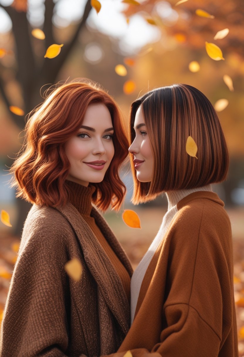 Two women outdoors in autumn with warm-colored hair and fall clothing surrounded by falling leaves.