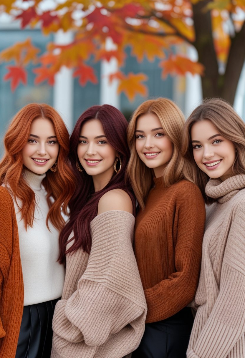 Four women outdoors in autumn with different trendy fall hair colors, smiling and standing together with fall leaves in the background.