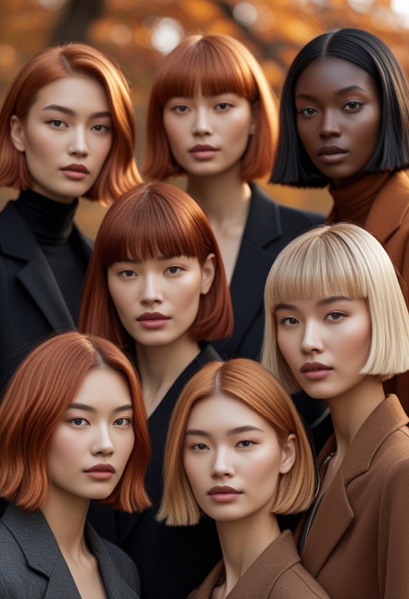 Close-up portraits of diverse individuals with various fall-inspired hair colors and stylish haircuts against a warm autumn-colored background.