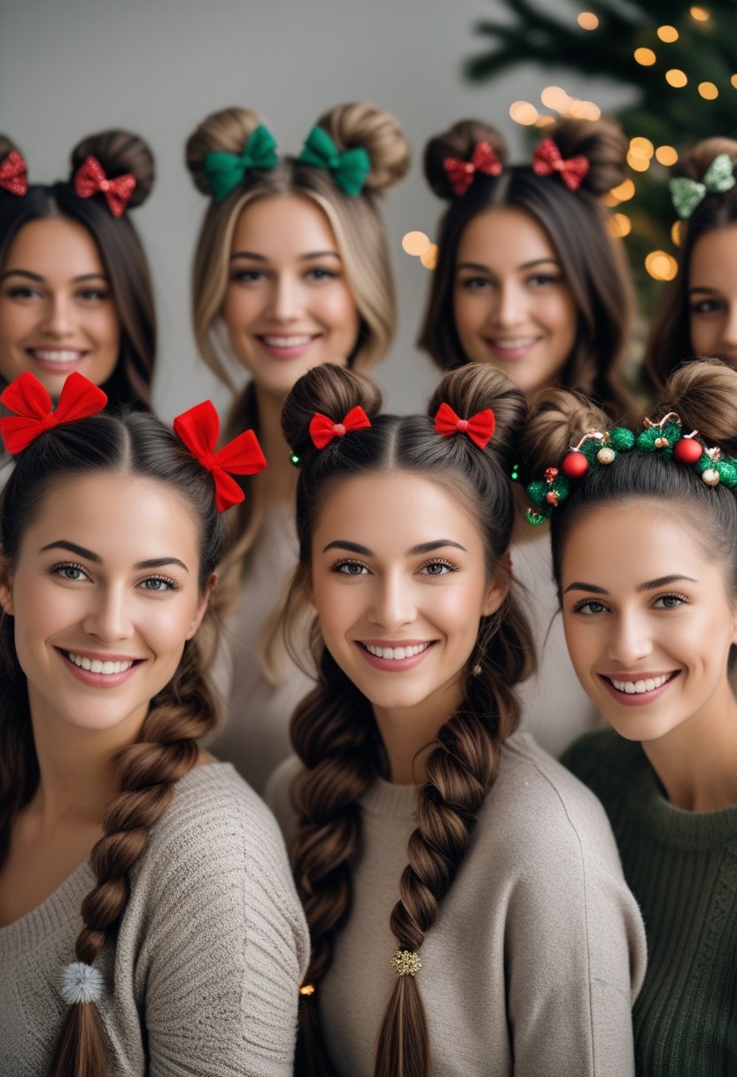 A group of women smiling with festive Christmas hairstyles including braids with bows and decorated ponytails.