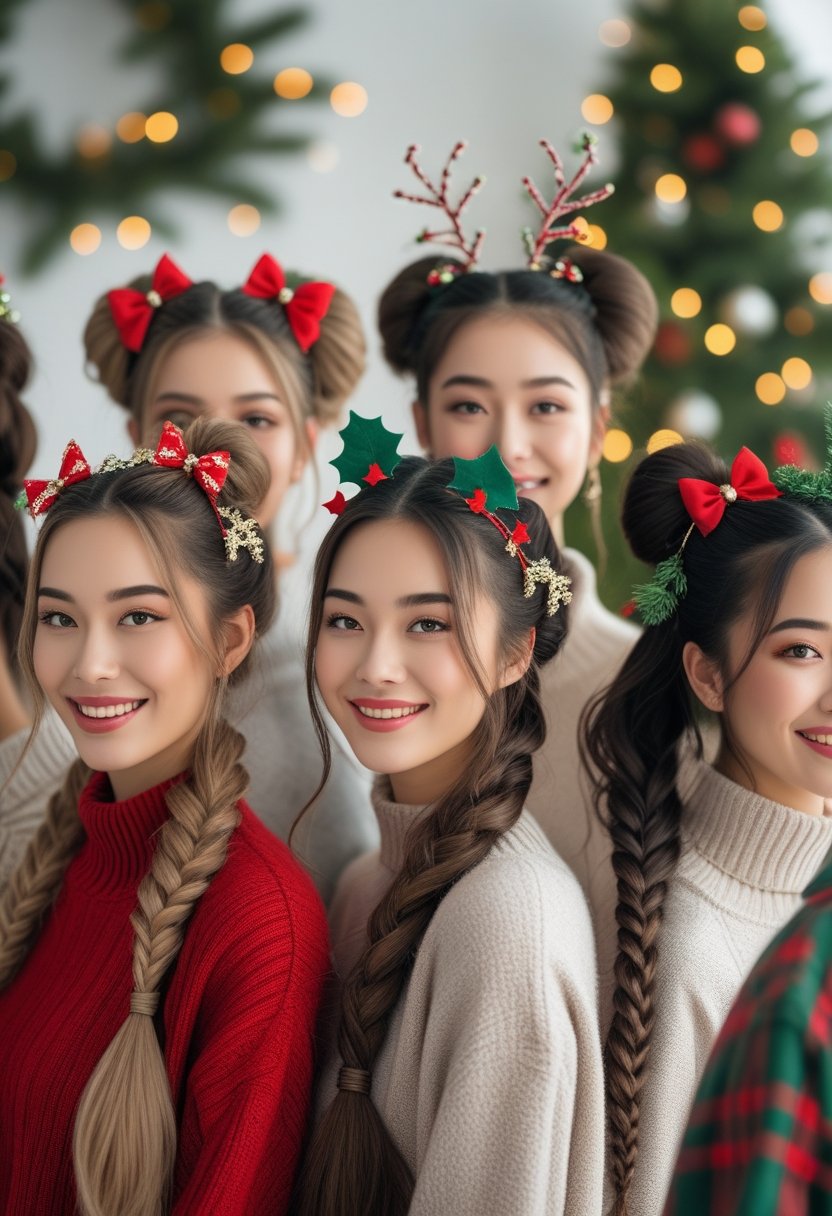 Young women with festive Christmas hairstyles including braids with bows and decorated ponytails, smiling in a bright, holiday-themed setting.