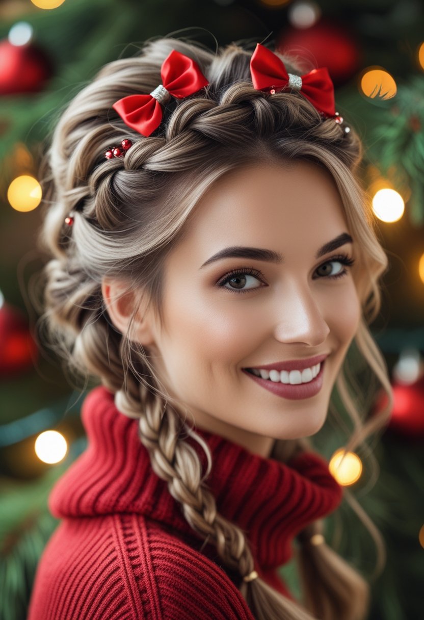 A woman with a festive braided updo hairstyle decorated with red bows, smiling in front of a softly lit holiday background with pine branches and ornaments.