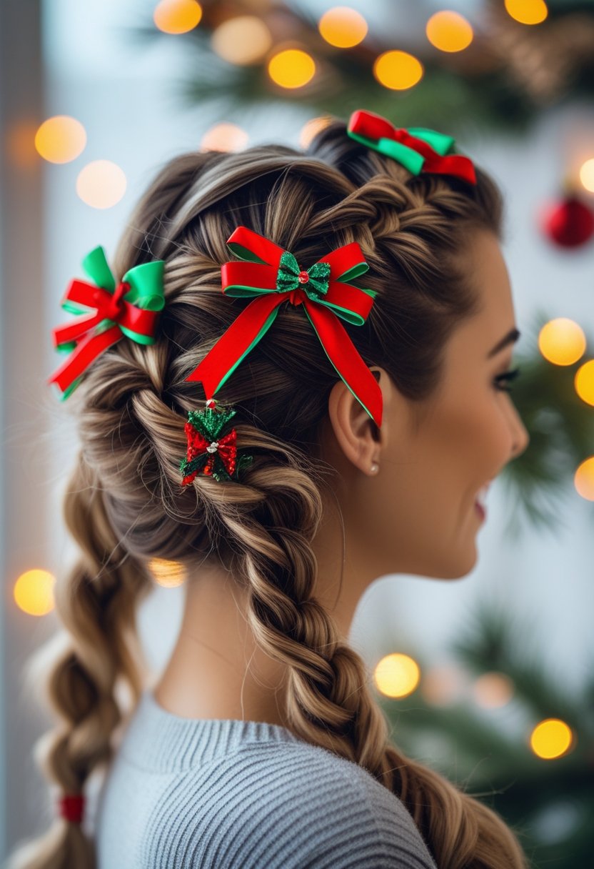 Close-up of a woman with braided hair decorated with red and green ribbons and bows, with blurred Christmas lights in the background.