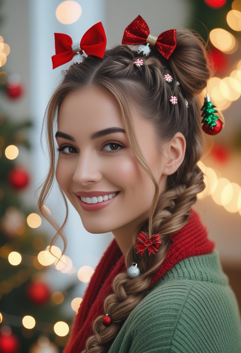 A young woman with braided hair decorated with red bows and a festive ponytail, smiling in front of a softly lit Christmas background.