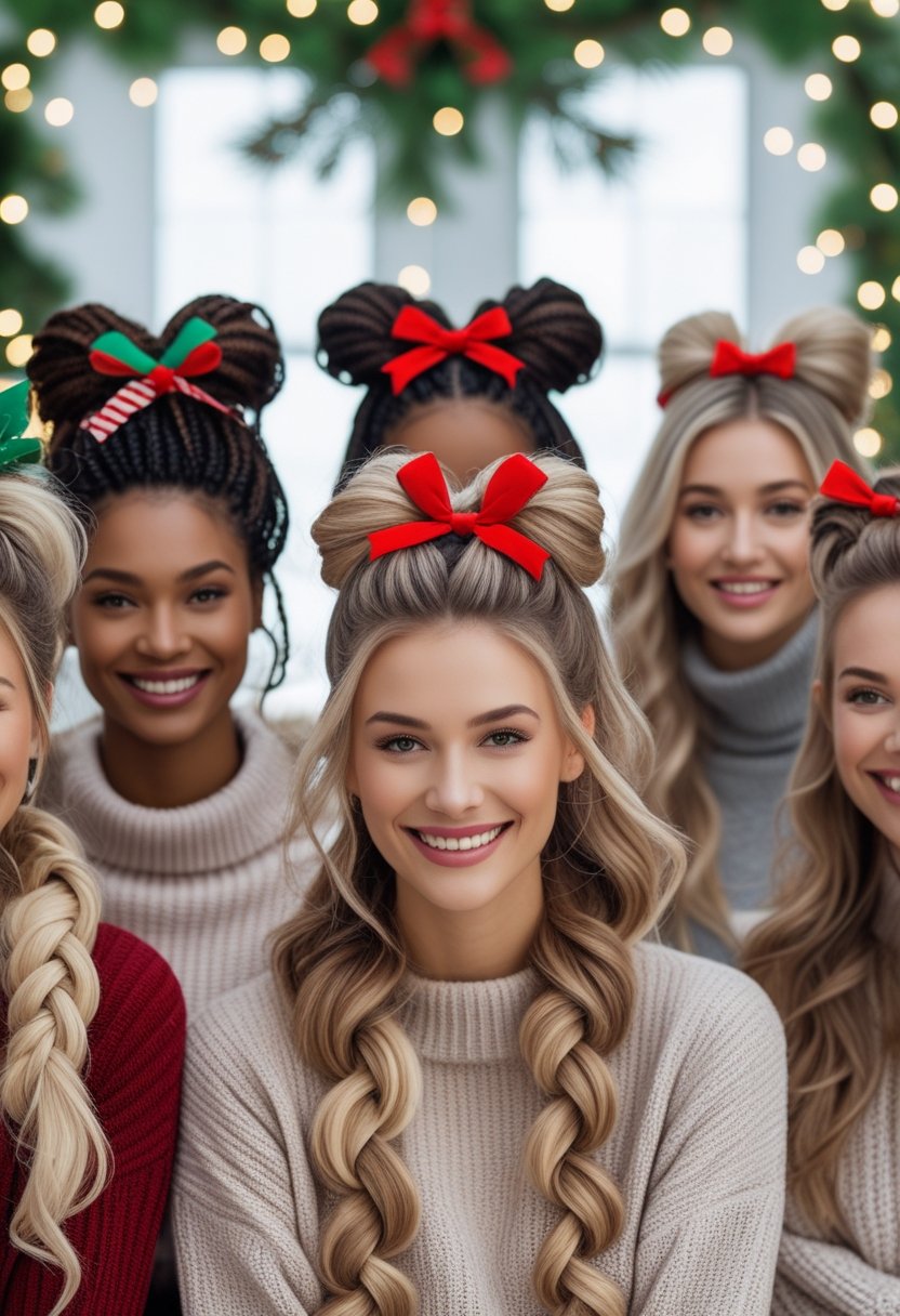 A group of women smiling and showing different festive holiday hairstyles with braids, bows, and ponytails, surrounded by Christmas decorations.