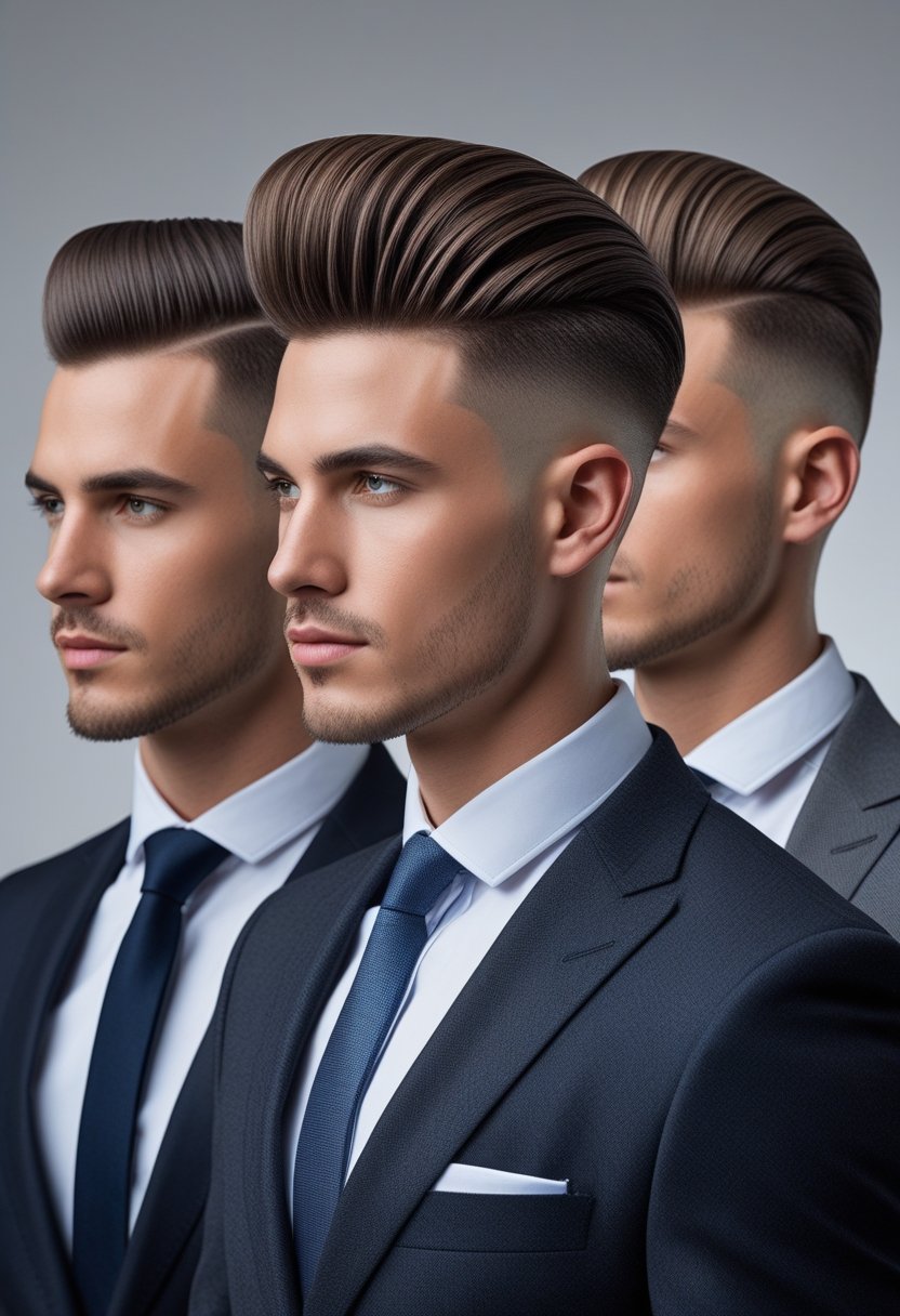 Three men wearing formal suits standing side by side against a neutral background.