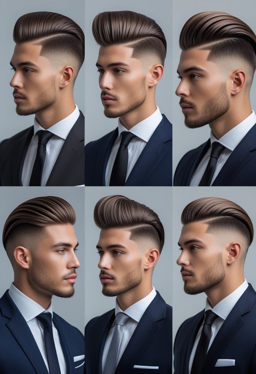 A group of men in formal clothing standing together in a studio, showing different hairstyles from various angles.
