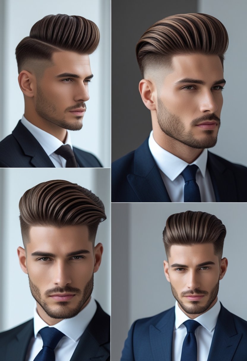 A well-dressed man in a suit posing against a plain background, showing different styled hairstyles.