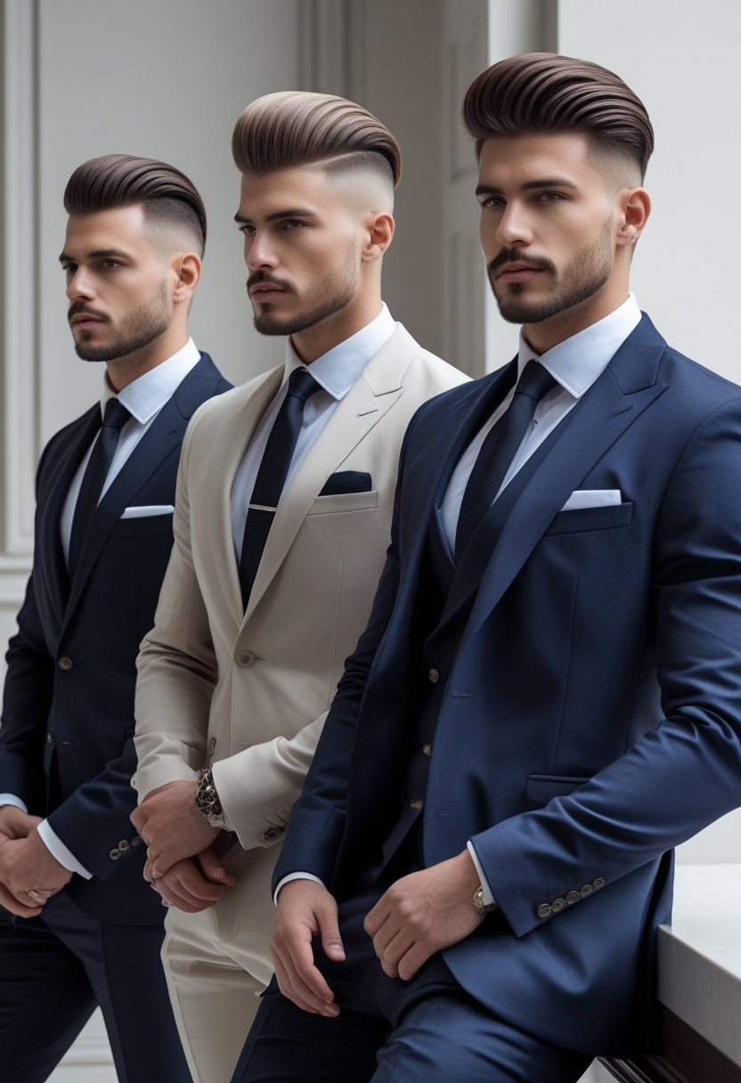 Three men dressed in formal suits with different hairstyles standing together against a plain background.