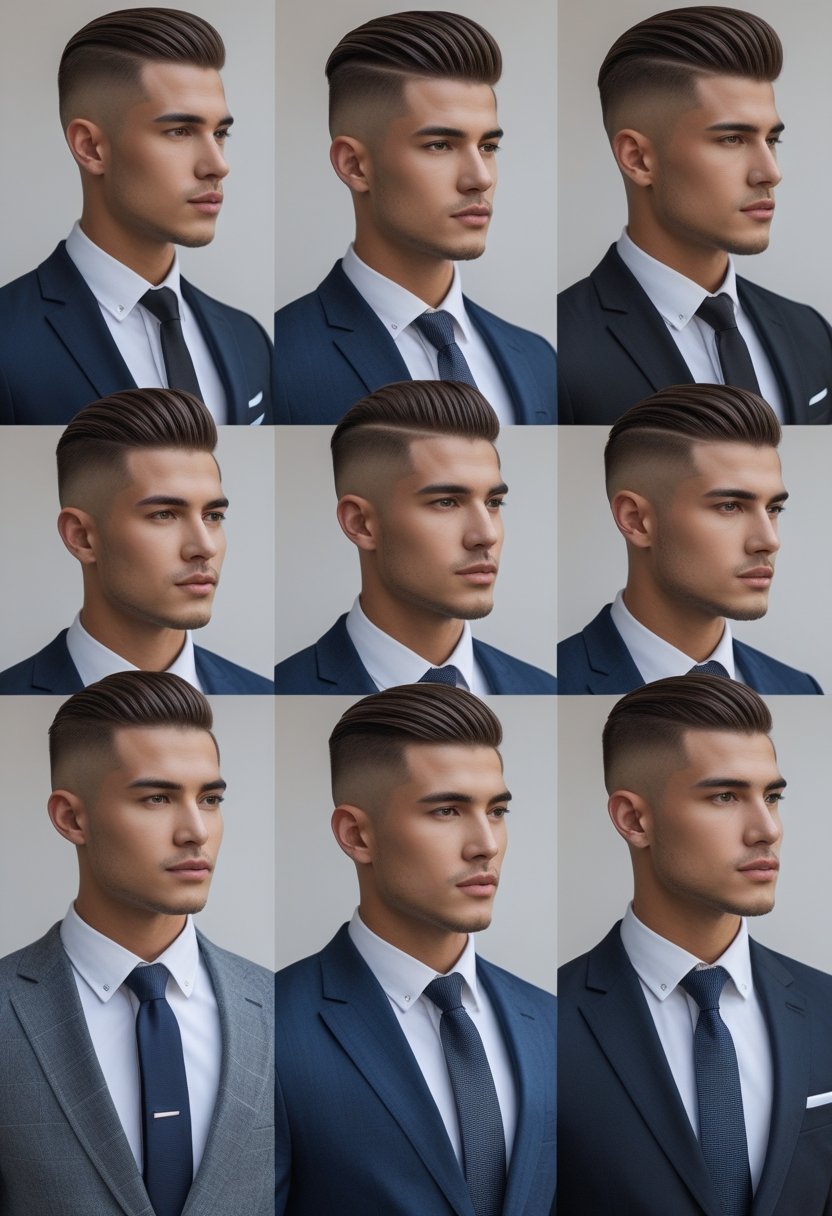 A group of men with short hairstyles wearing formal clothing, standing confidently against a plain background.