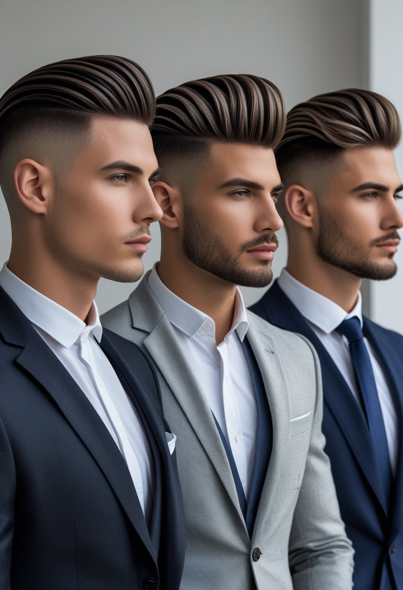 Three men dressed in formal suits posing in a studio with different neatly styled haircuts.